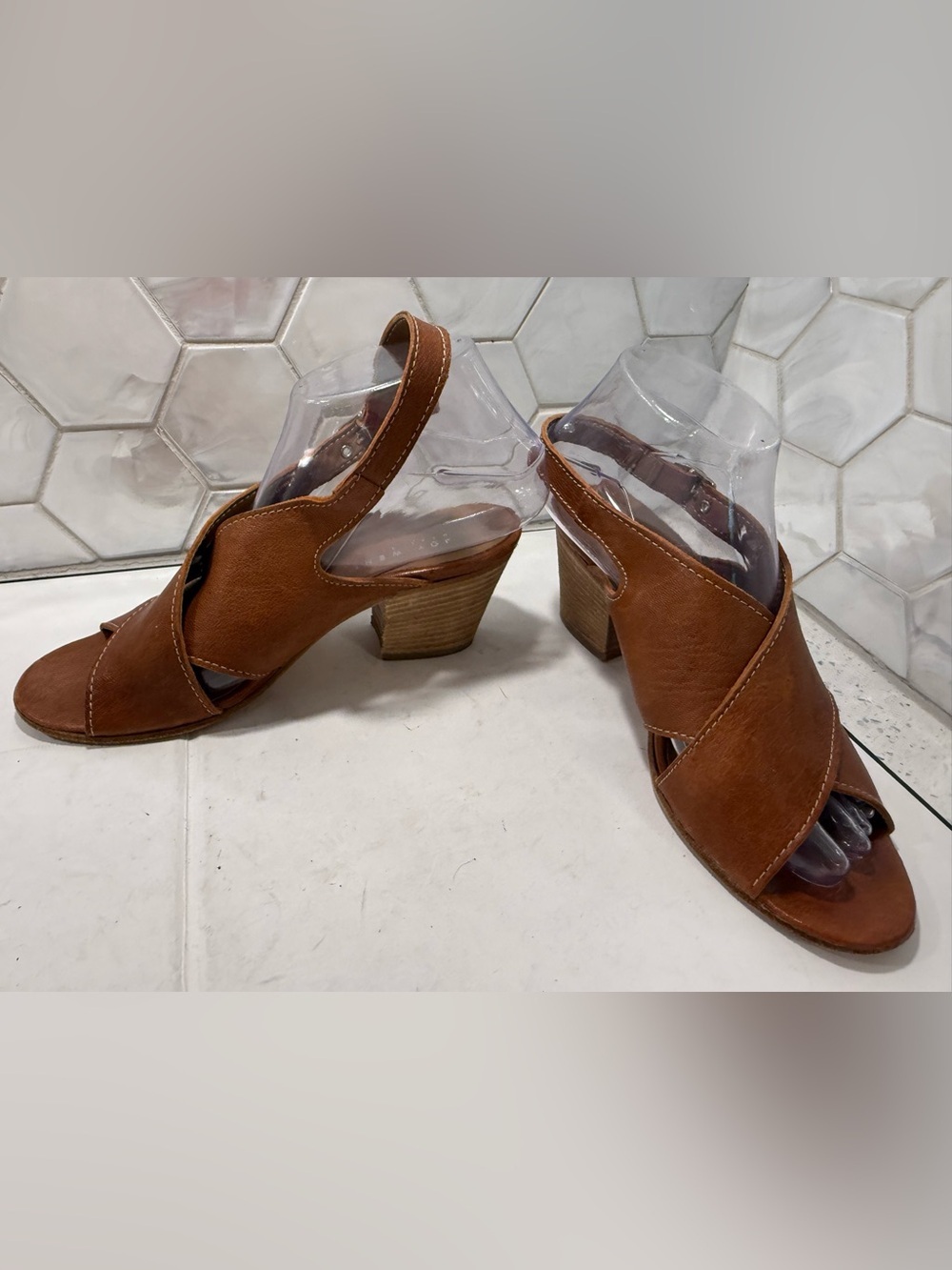 Joy Wendel Tan Italian Leather Slingback Block Heel Sandals 38 US 7.5 EUC
